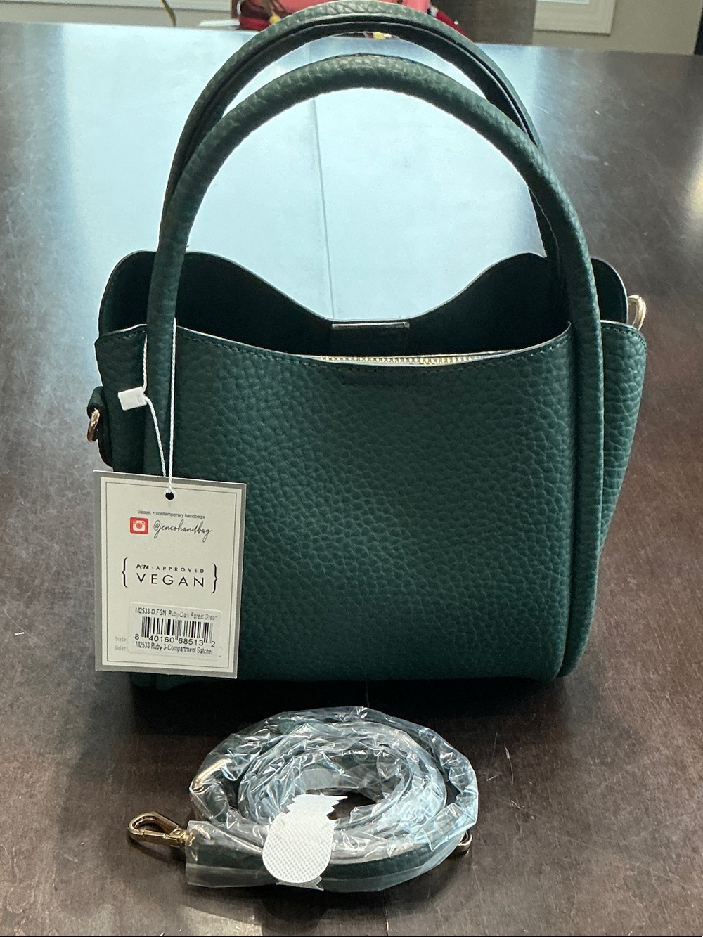 Vegan Pebbled Shoulder Bag in Dark Green with Top Handles